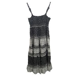 Vintage Keren Hart Smocked Cotton Tiered Midi Dress Black White Ditsy Print M